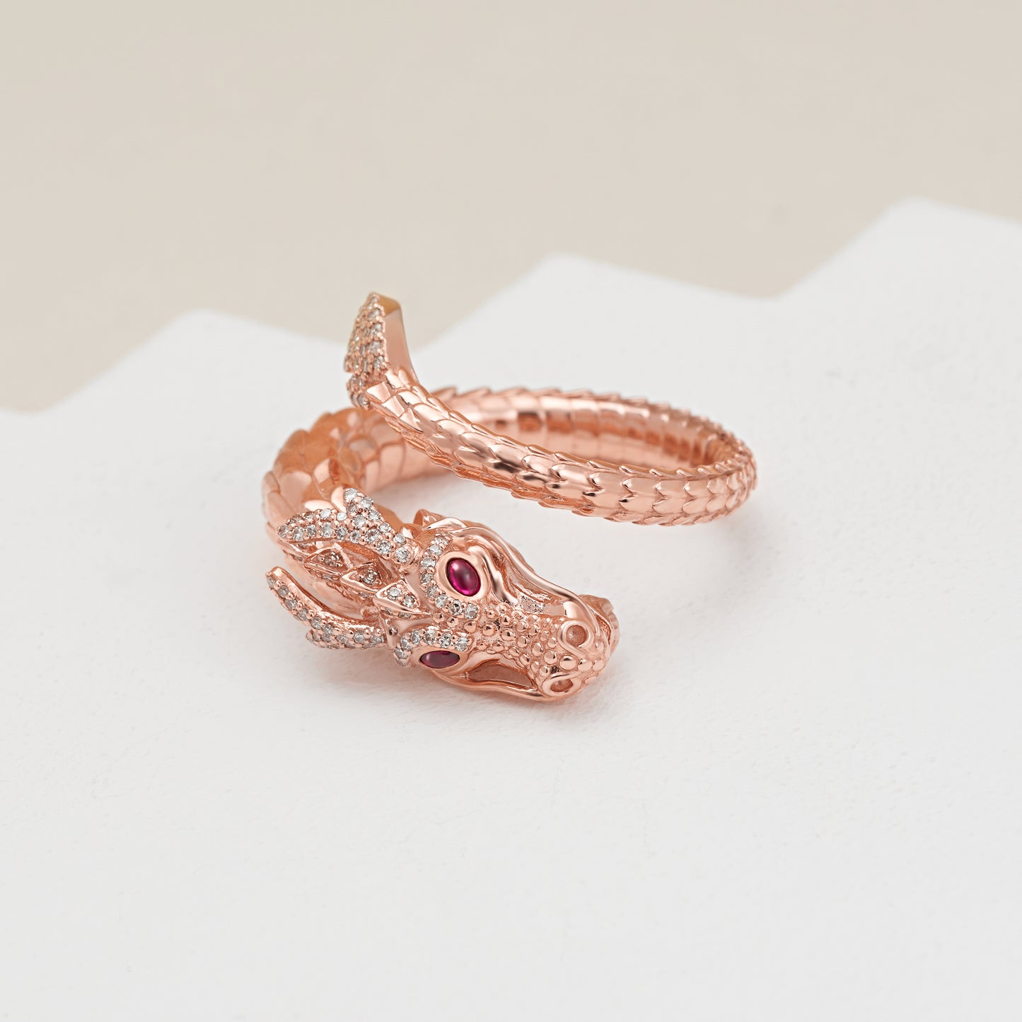 9K Rose Gold Diamond and Ruby Dragon Ring