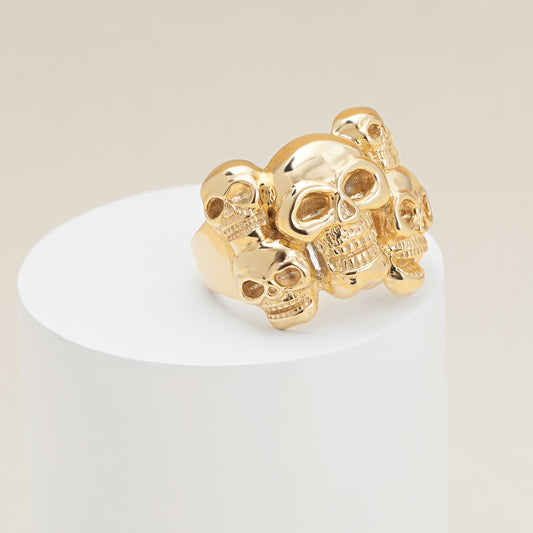 9K Yellow Gold 3D Multi Skull Ring