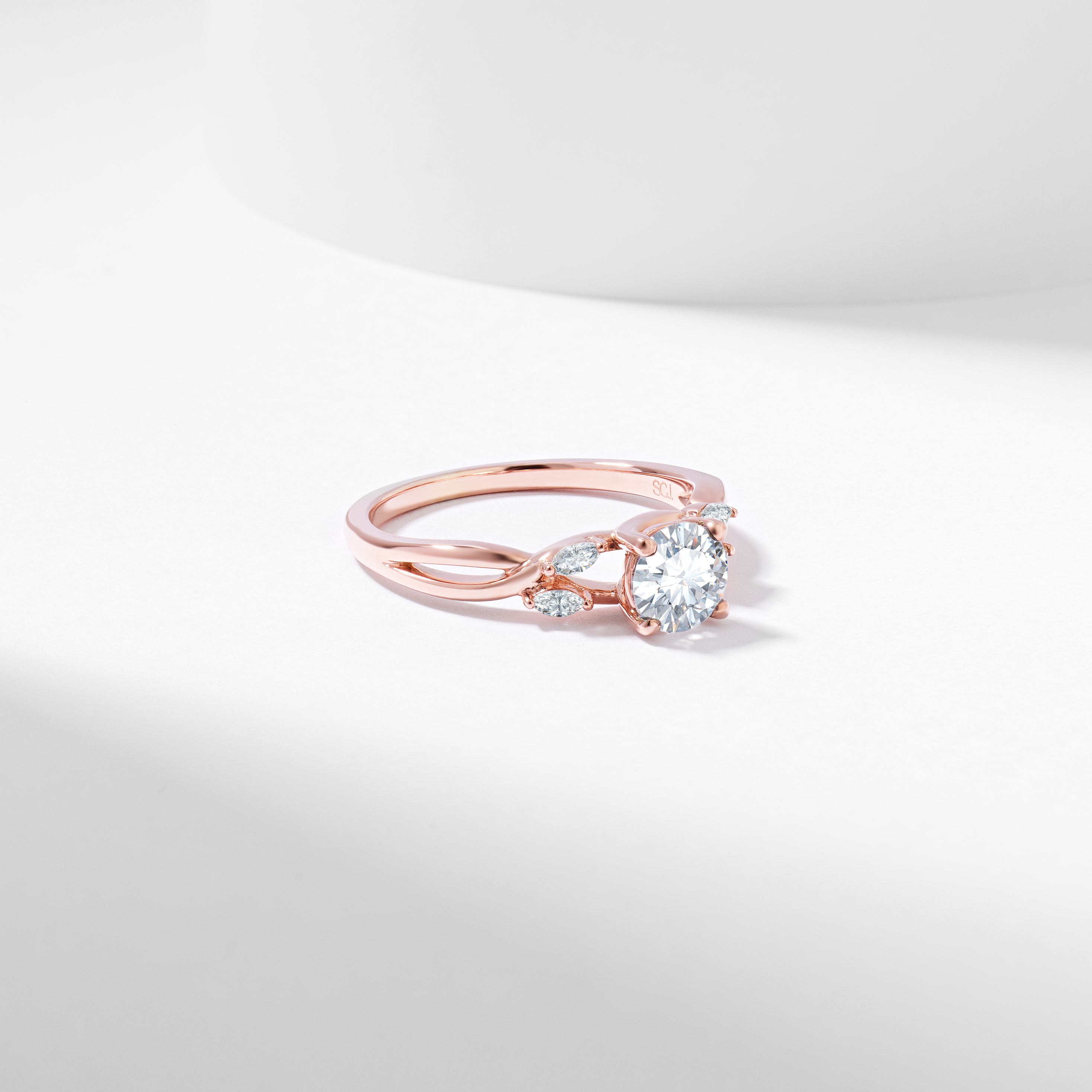 Round Brilliant Lab Grown Diamond Solitaire with Marquise Shoulder Accents Engagement Ring 1.0tdw
