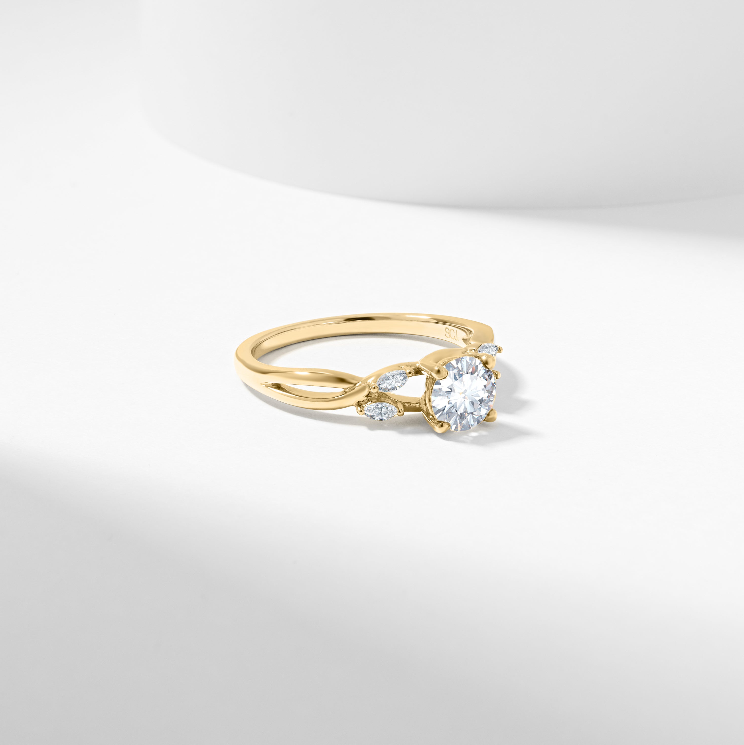 Round Brilliant Lab Grown Diamond Solitaire with Marquise Shoulder Accents Engagement Ring 1.0tdw