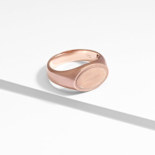 9K Rose Gold Oval Flat Top Beaded Signet Ring