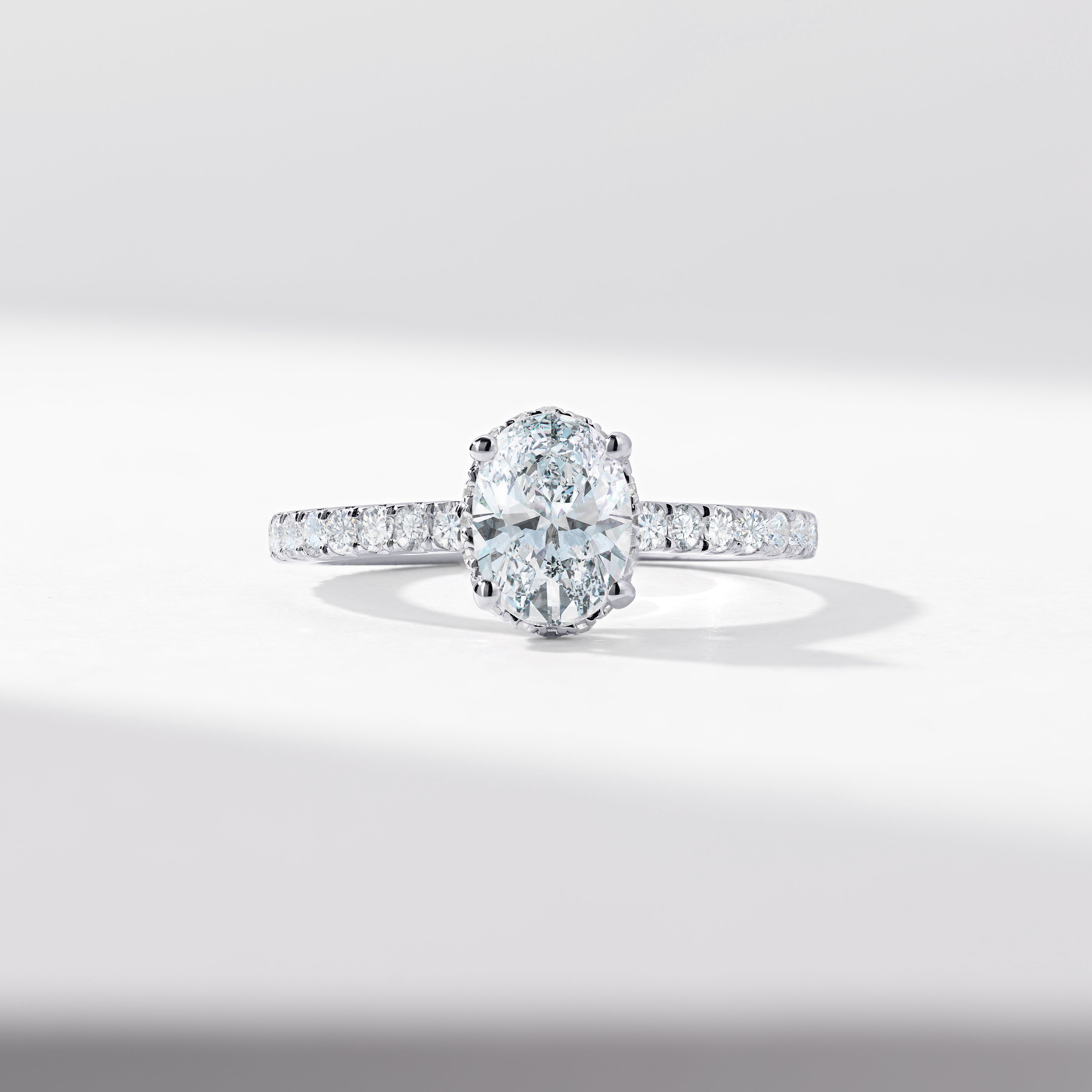 1.5ct Oval Lab Diamond Solitaire With Diamond Hidden Halo And Shoulders Engagement Ring 2.0tdw