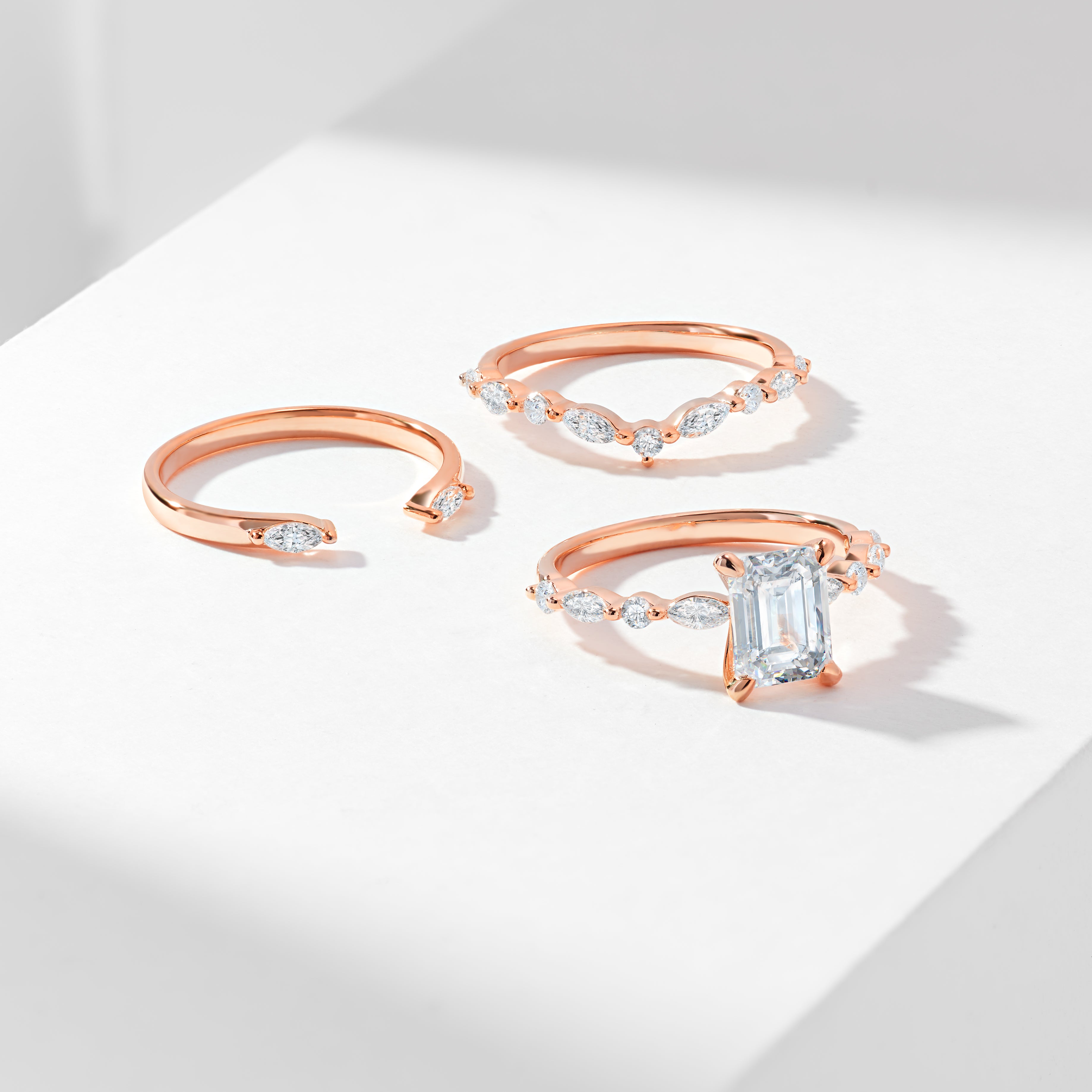 1.5ct Radiant Diamond Solitaire With Marquise And Round Brilliant Shoulder Contour And Open Gap Bridal Set 2.0tdw