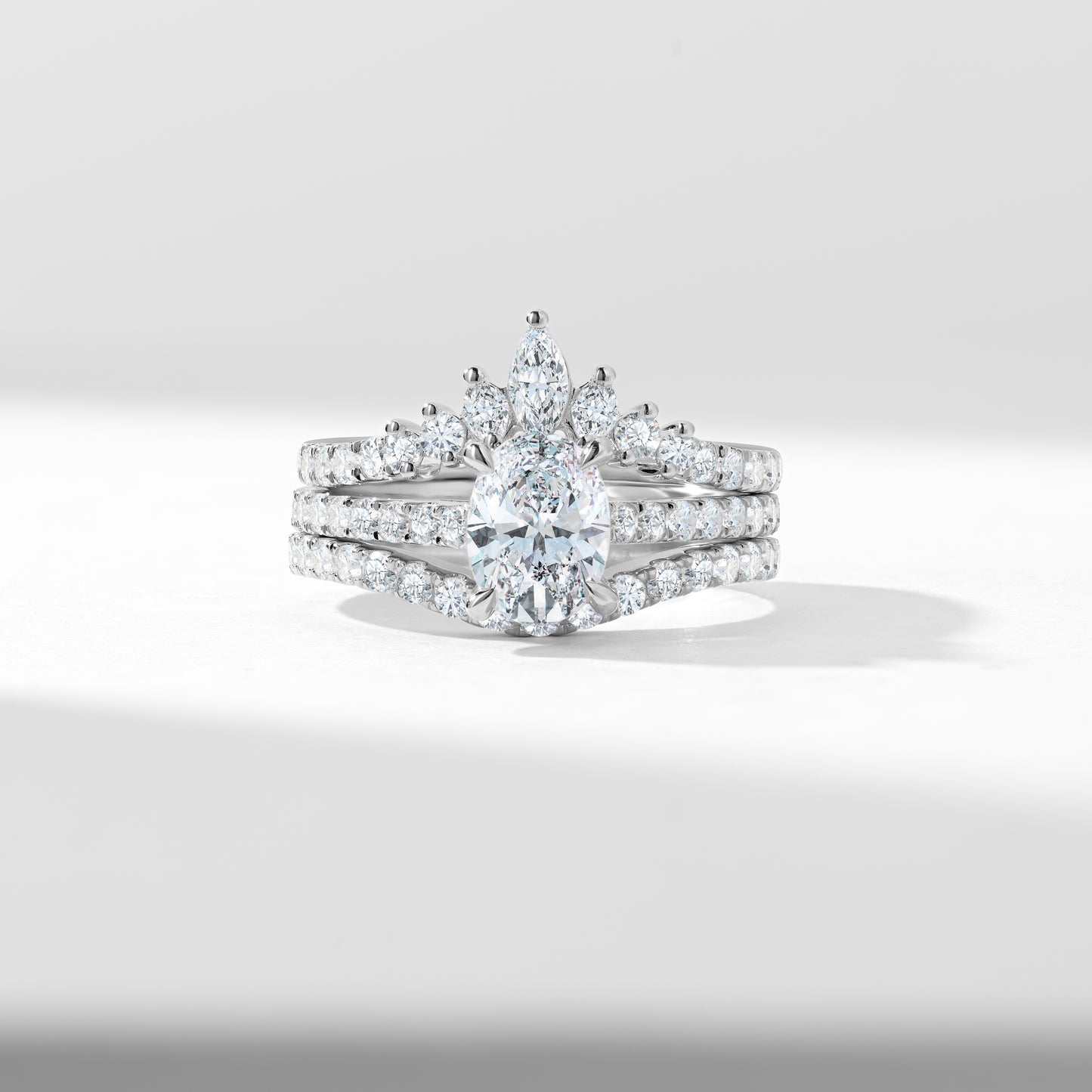 Platinum 1.25ct Oval Lab Diamond Centre With Marquise And Round Brilliant Contoured Wedding And Eternity Rings Bridal Set 2.0tdw