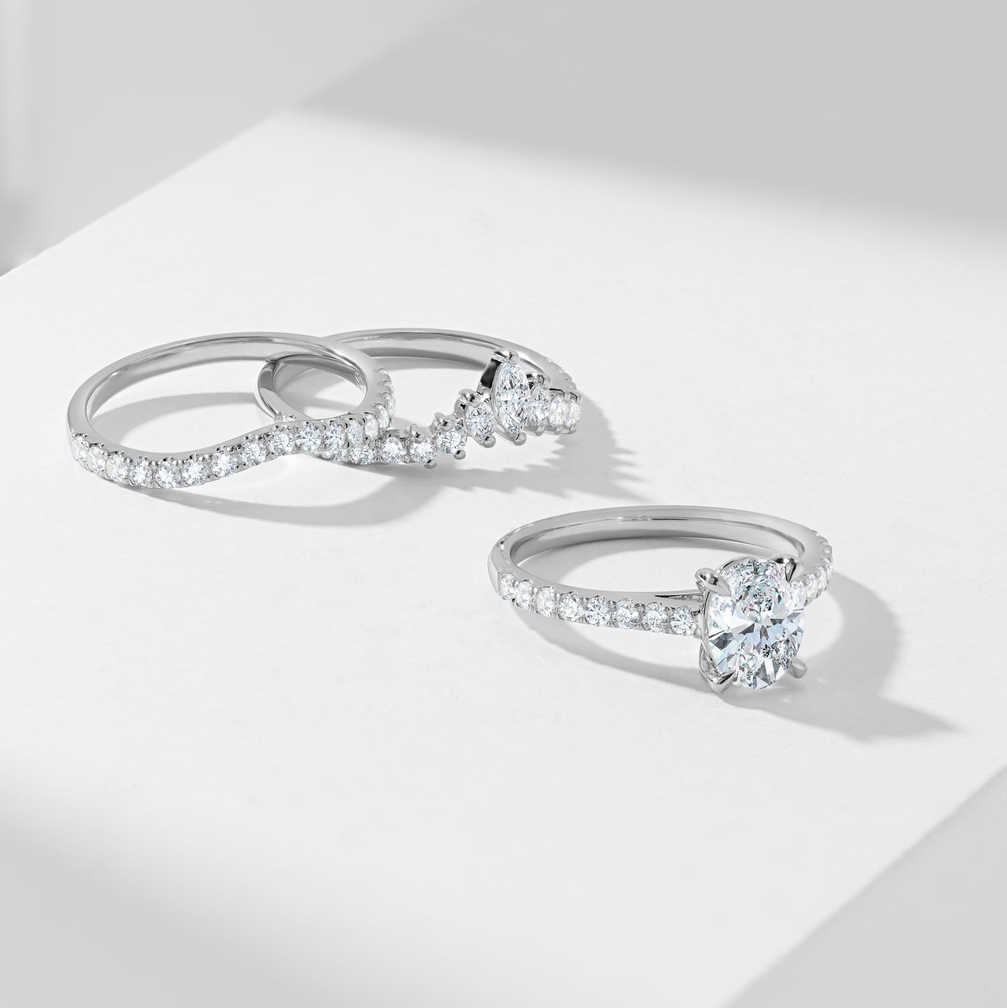 Platinum 1.25ct Oval Lab Diamond Centre With Marquise And Round Brilliant Contoured Wedding And Eternity Rings Bridal Set 2.0tdw