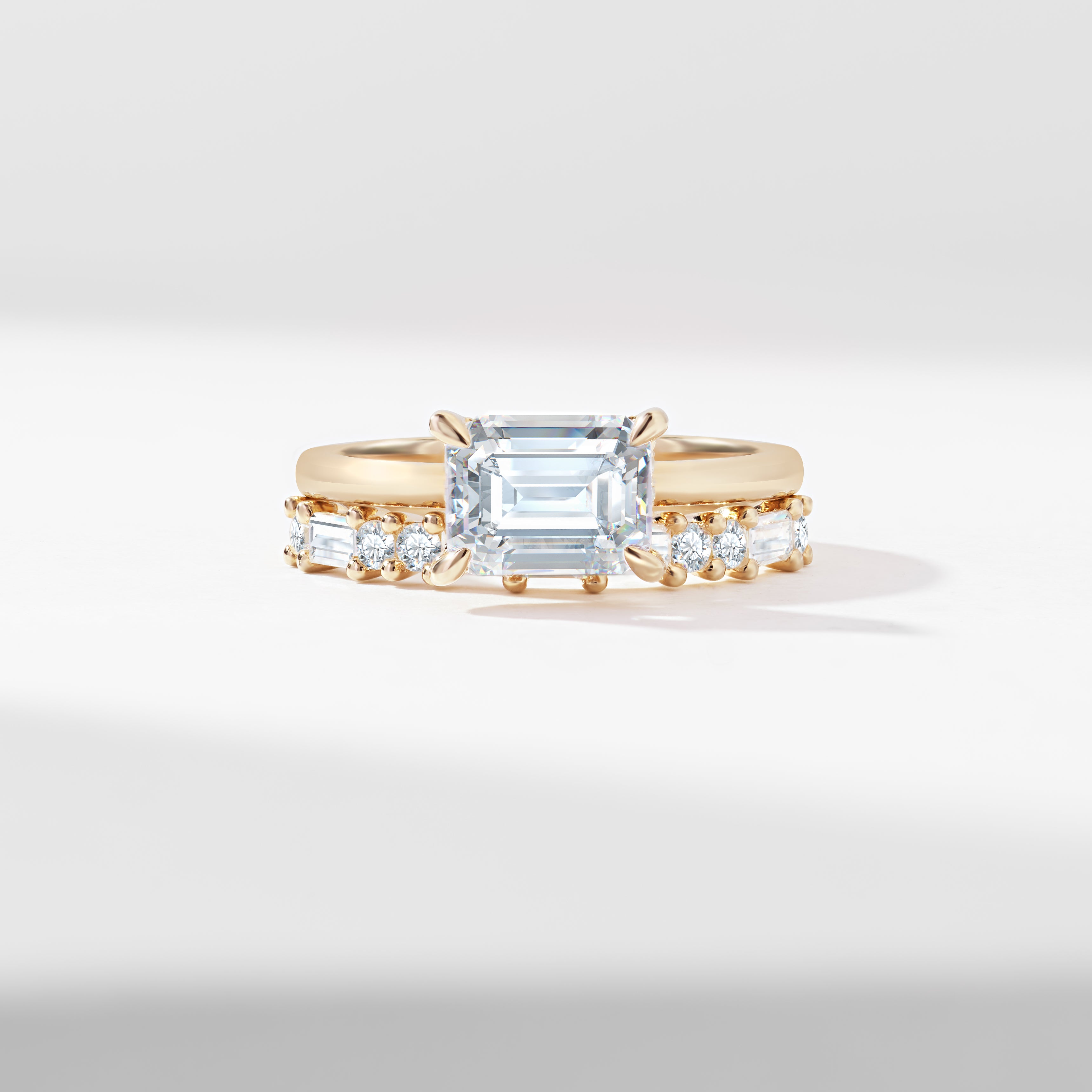 1.75ct East West Emerald Cut Lab Diamond Solitaire With Baguette And Round Brilliant Diamond Bridal Set 2.40tdw