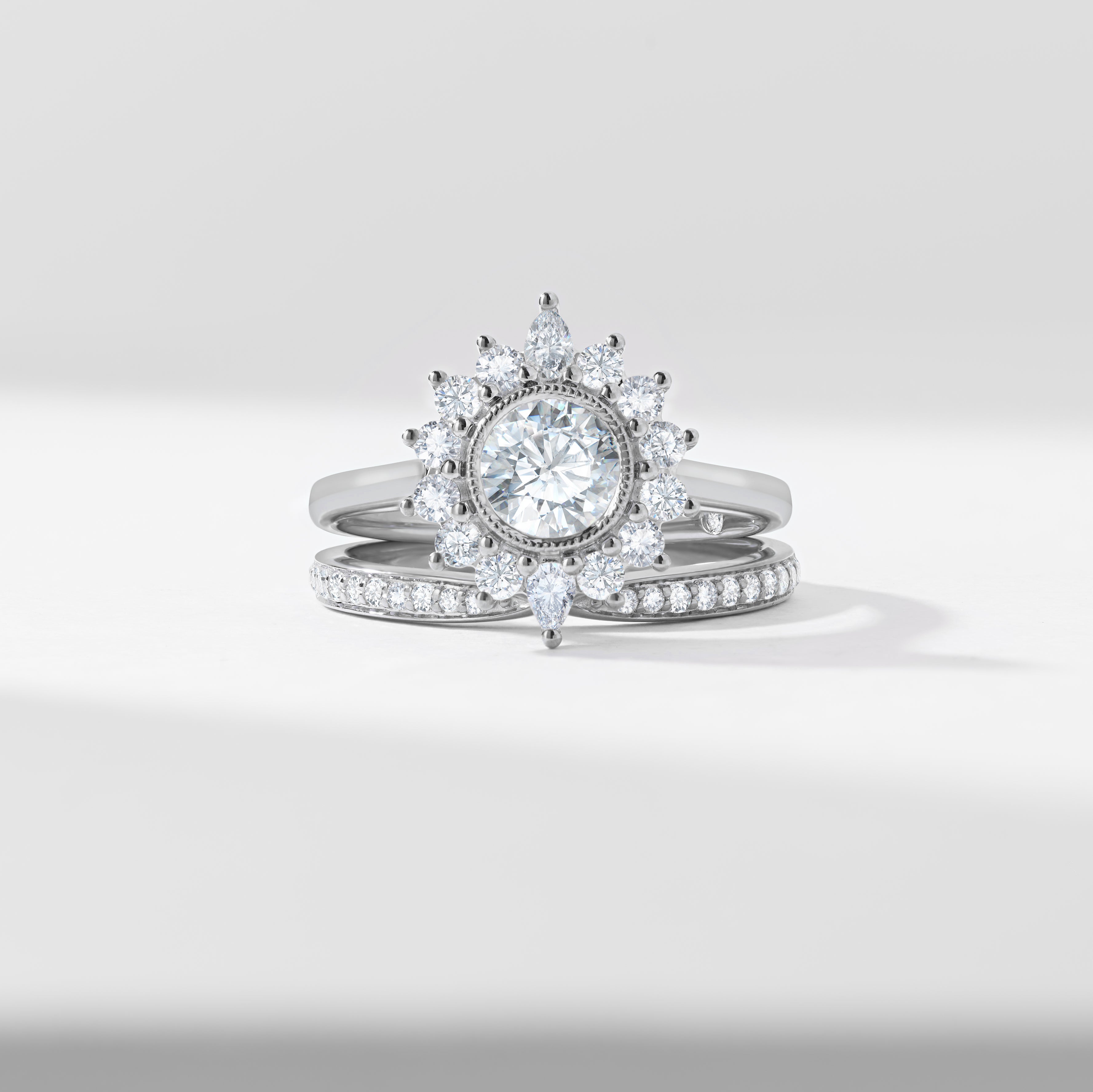 0.75ct Round Brilliant Diamond Milgrain Bezel Centre With Fancy Halo Bridal Set 1.60tdw
