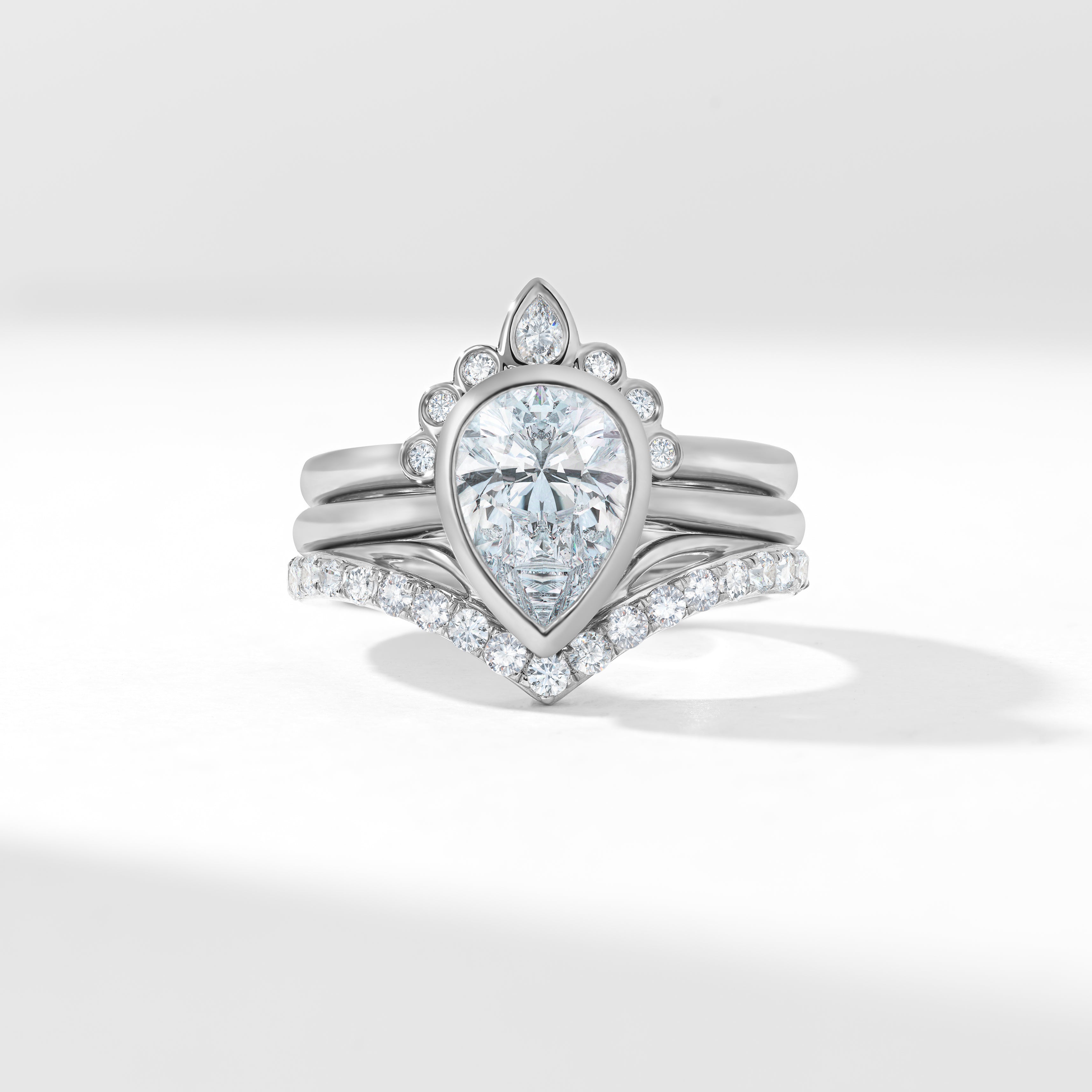 Platinum 2.0ct Pear Lab Diamond Bezel Set With Contouring Wedding And Eternity Rings Bridal Set 2.50tdw