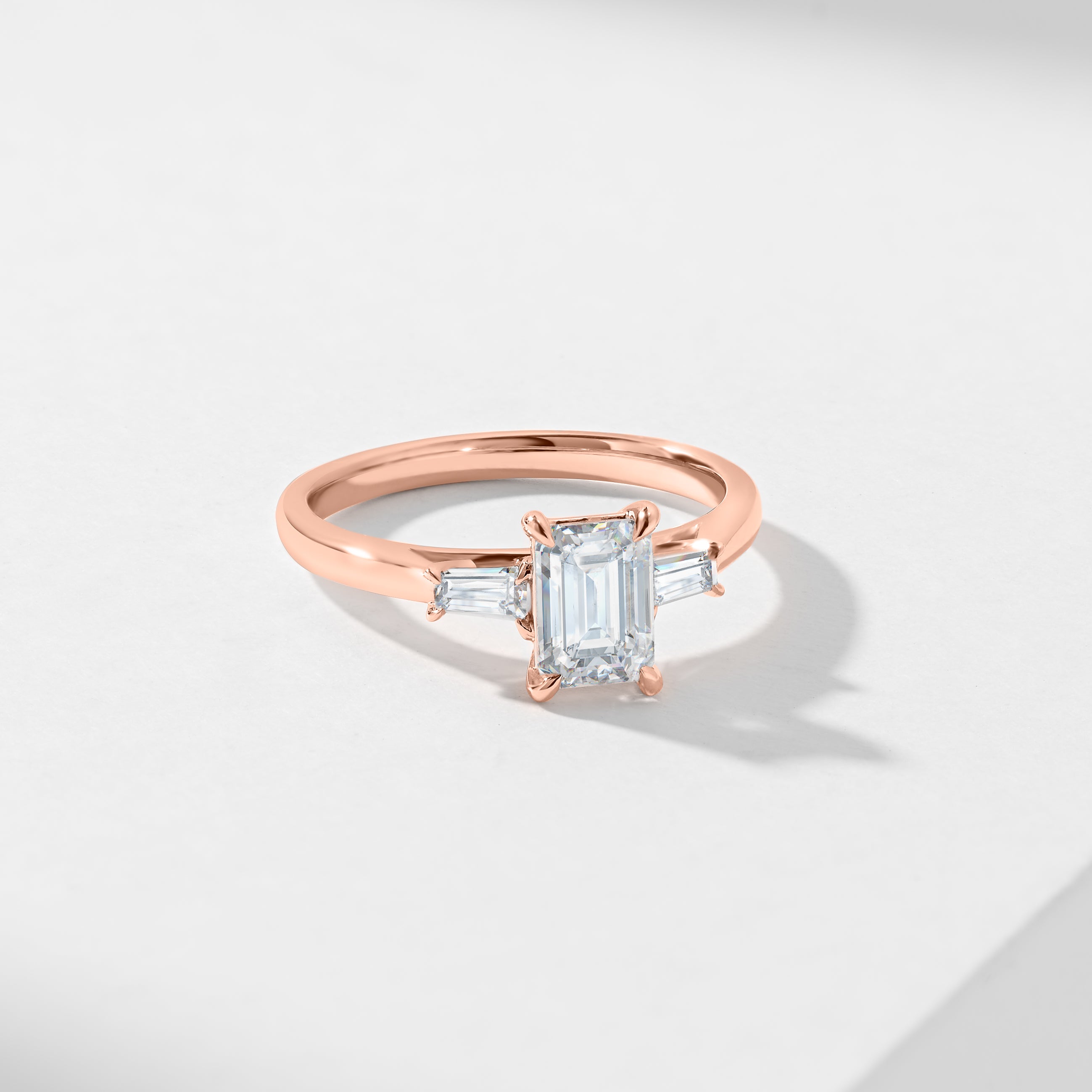 1.5ct Emerald Cut Lab Diamond With Tapered Baguette Shoulders Trilogy Ring 1.62tdw
