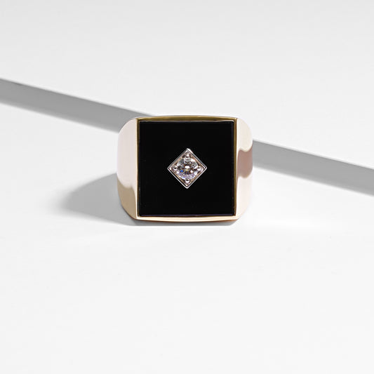 9K Yellow Gold Black Onyx And Diamond Square Top Ring