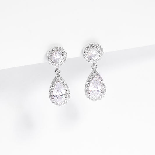 Sterling Silver Round And Pear Zirconia Halo Drop Stud Earrings