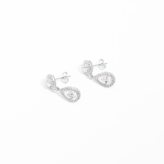 Sterling Silver Round And Pear Zirconia Halo Drop Stud Earrings