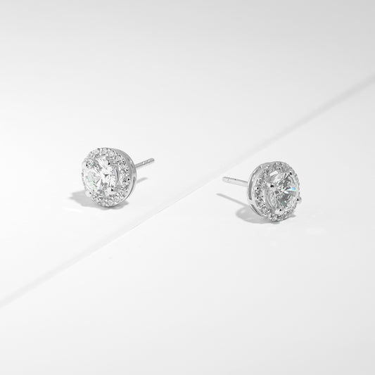 Sterling Silver Round Brilliant Solitaire Zirconia Halo Stud Earrings