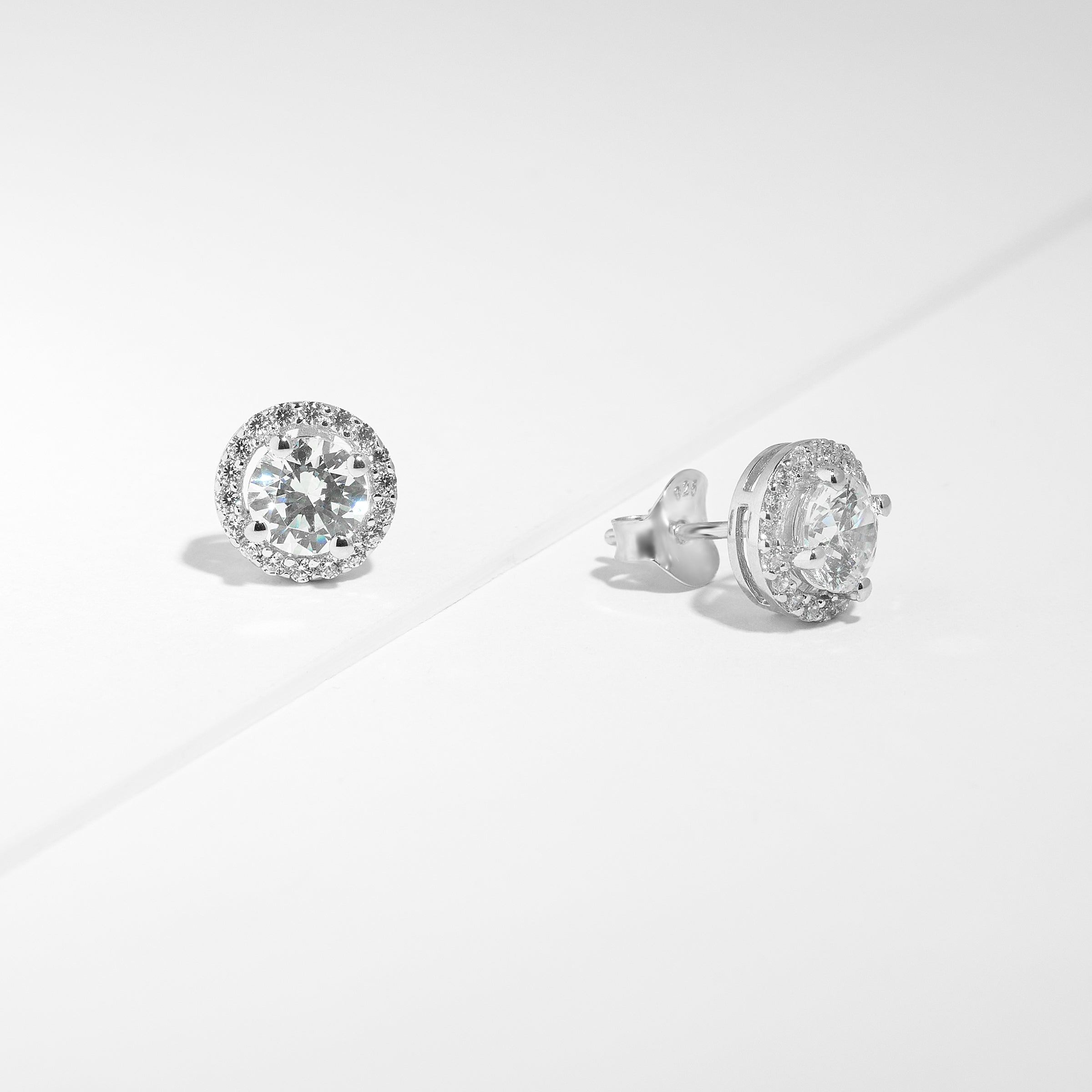 Sterling Silver Round Brilliant Solitaire Zirconia Halo Stud Earrings