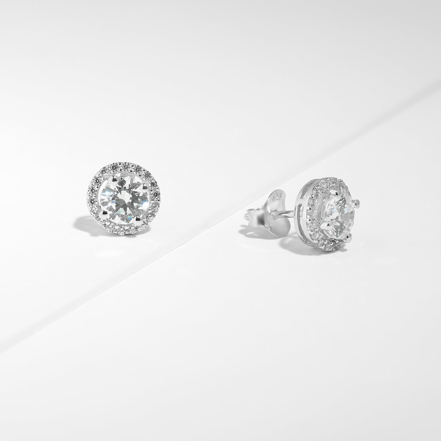 Sterling Silver Round Brilliant Solitaire Zirconia Halo Stud Earrings