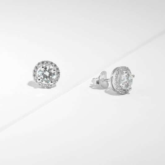 Sterling Silver Round Brilliant Solitaire Zirconia Halo Stud Earrings