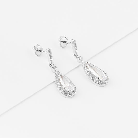 Sterling Silver Zirconia Pear Halo Drop Stud Earrings