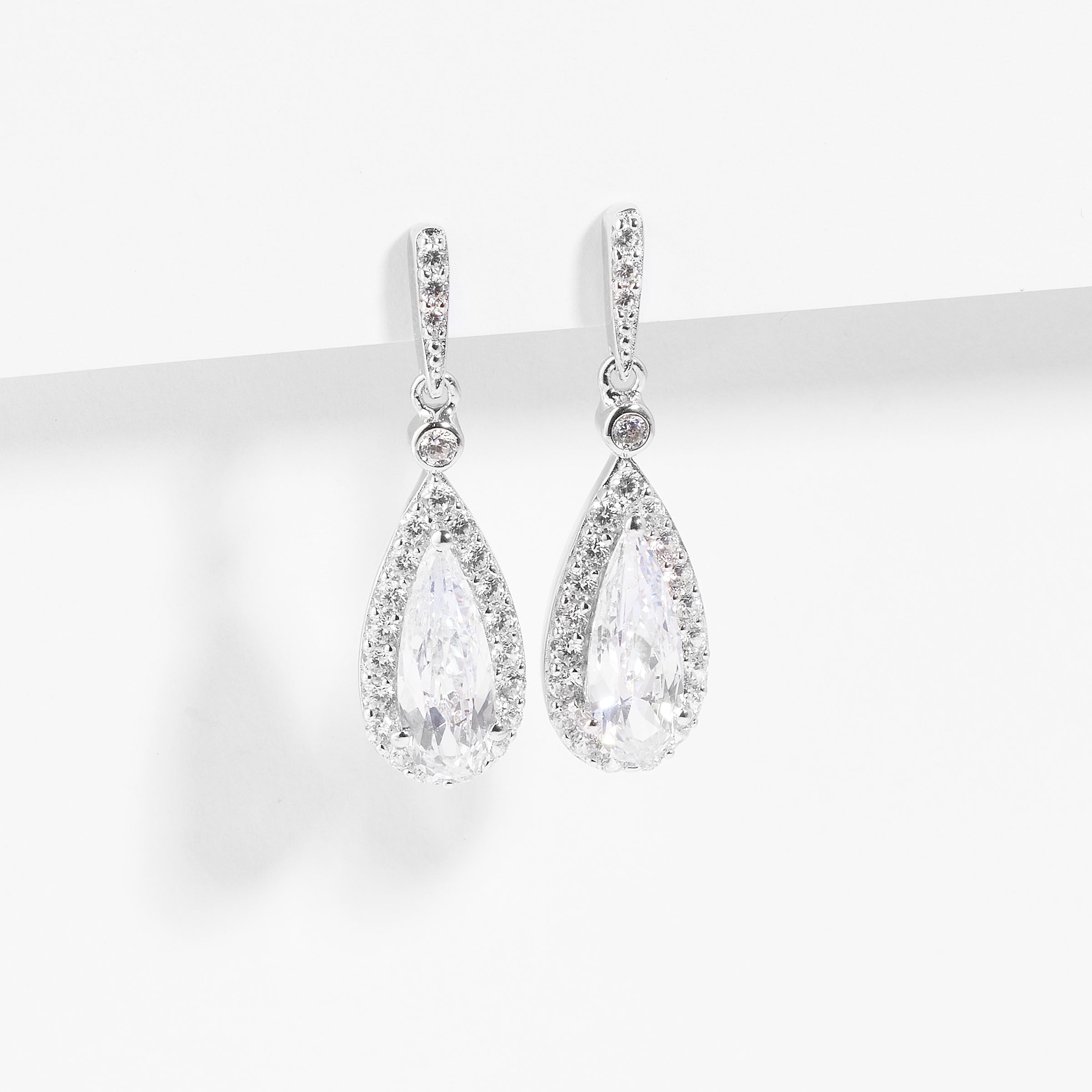 Sterling Silver Zirconia Pear Halo Drop Stud Earrings