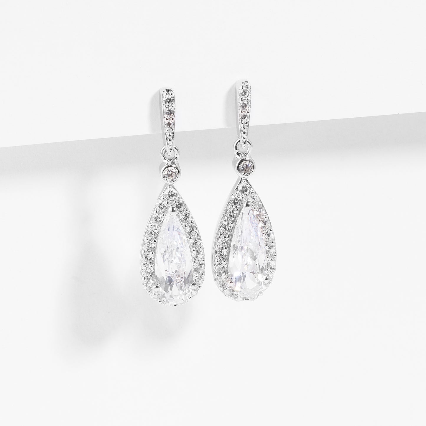 Sterling Silver Zirconia Pear Halo Drop Stud Earrings