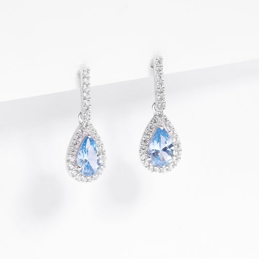 Sterling Silver Pale Blue Pear Zirconia Halo Earrings