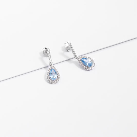 Sterling Silver Pale Blue Pear Zirconia Halo Earrings