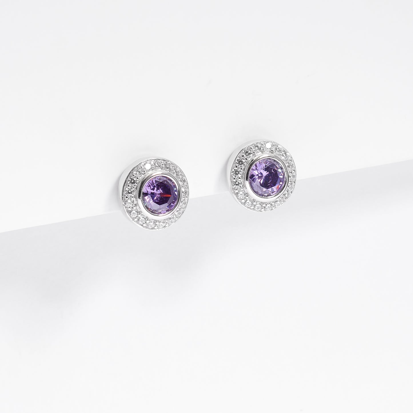 Sterling Silver Bezel Amethyst And Zirconia Halo Stud Earrings