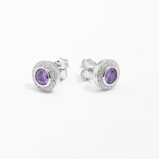 Sterling Silver Bezel Amethyst And Zirconia Halo Stud Earrings