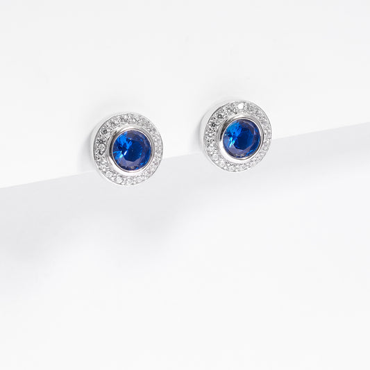 Sterling Silver Bezel Royal Blue Zirconia And Halo Stud Earrings