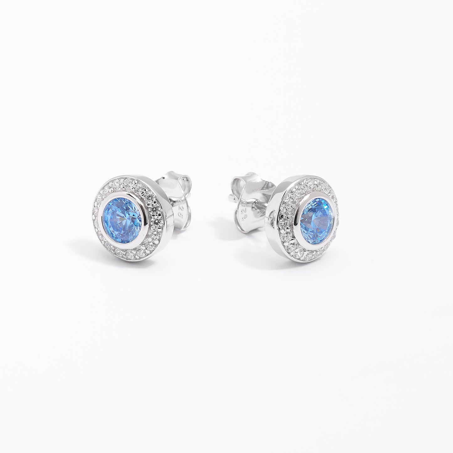 Sterling Silver Bezel Blue Zirconia Halo Stud Earrings