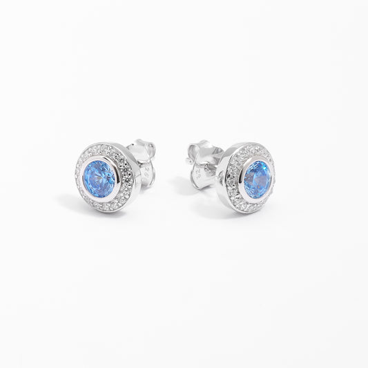 Sterling Silver Bezel Blue Zirconia Halo Stud Earrings