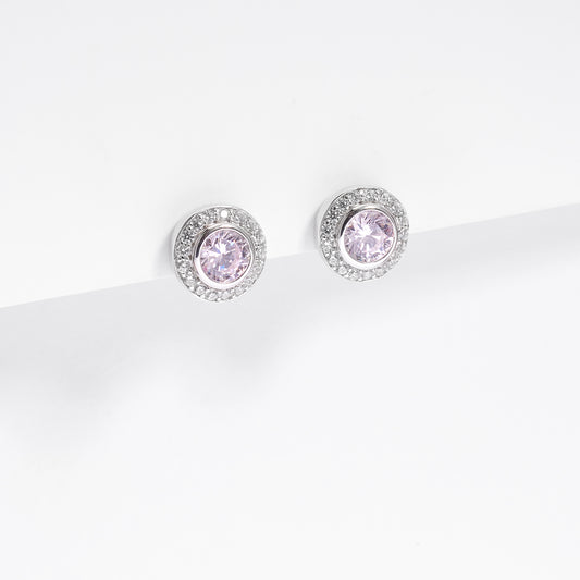 Sterling Silver Bezel Pink Zirconia And Halo Stud Earrings