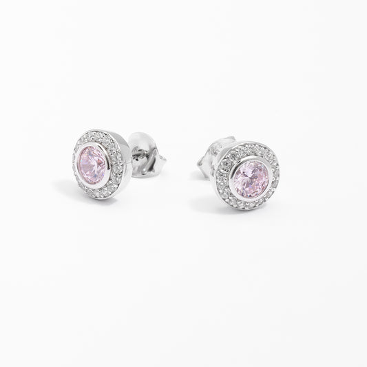 Sterling Silver Bezel Pink Zirconia And Halo Stud Earrings