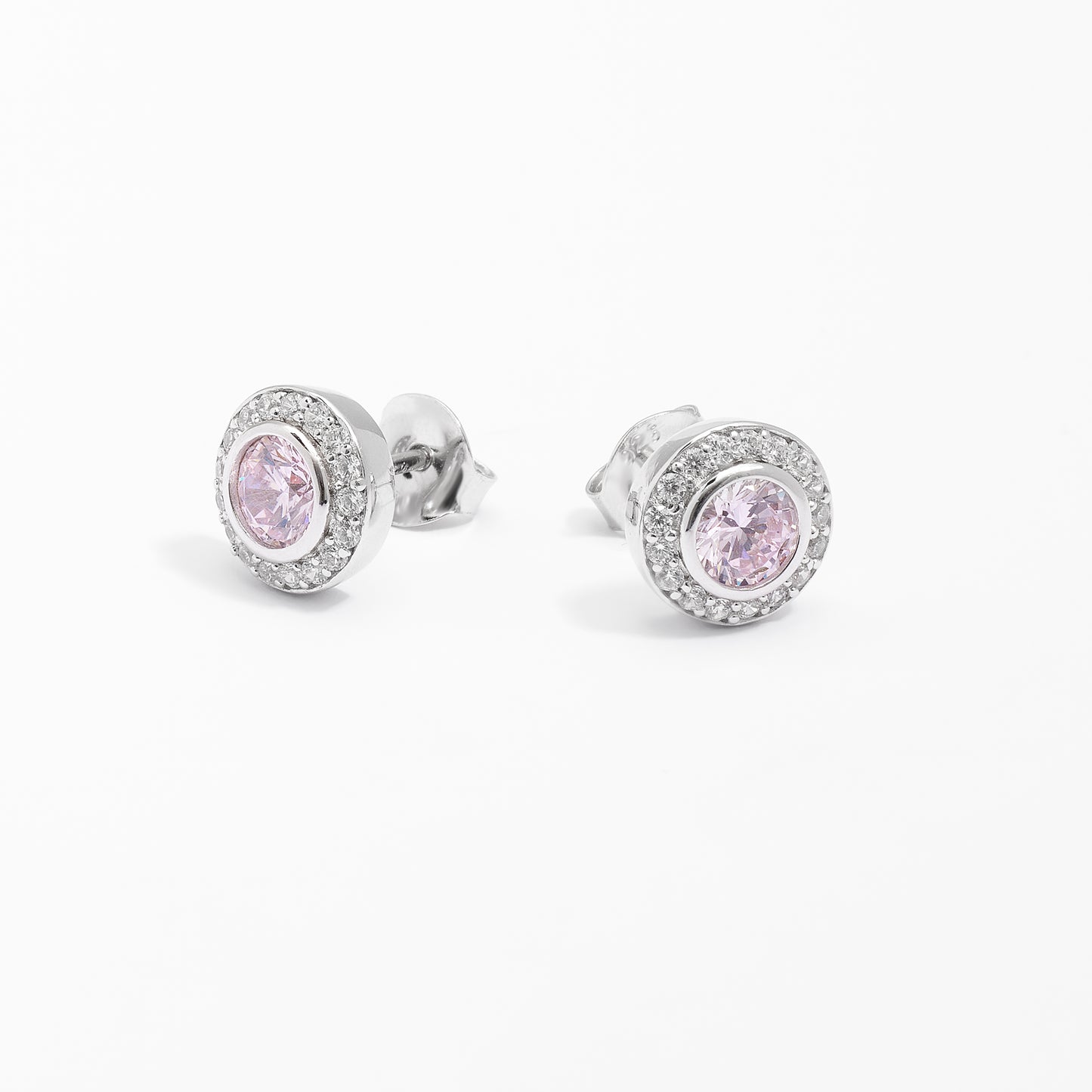 Sterling Silver Bezel Pink Zirconia And Halo Stud Earrings