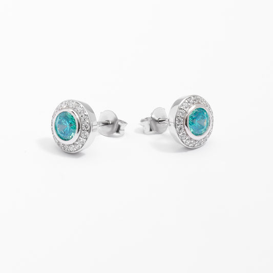 Sterling Silver Bezel Aqua Green Zirconia And Halo Stud Earrings