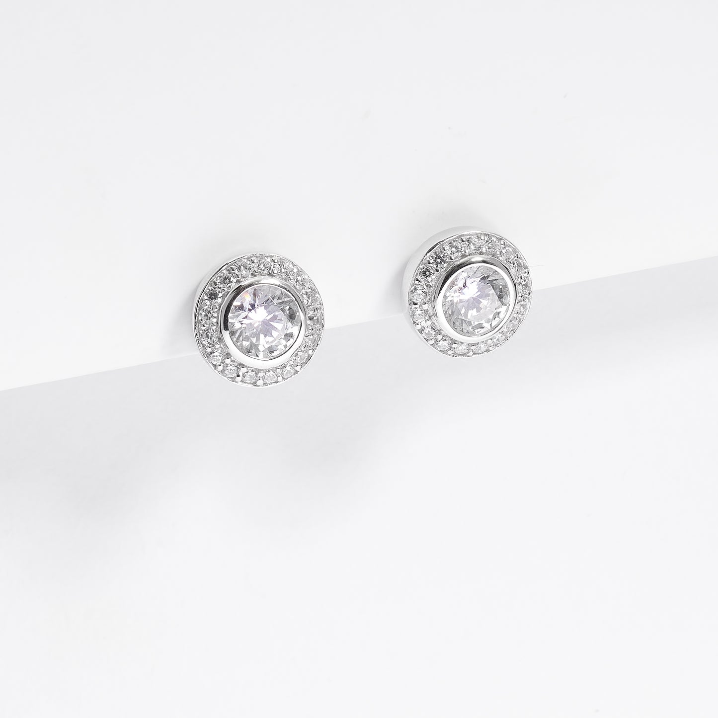 Sterling Silver Bezel Zirconia And Halo Stud Earrings