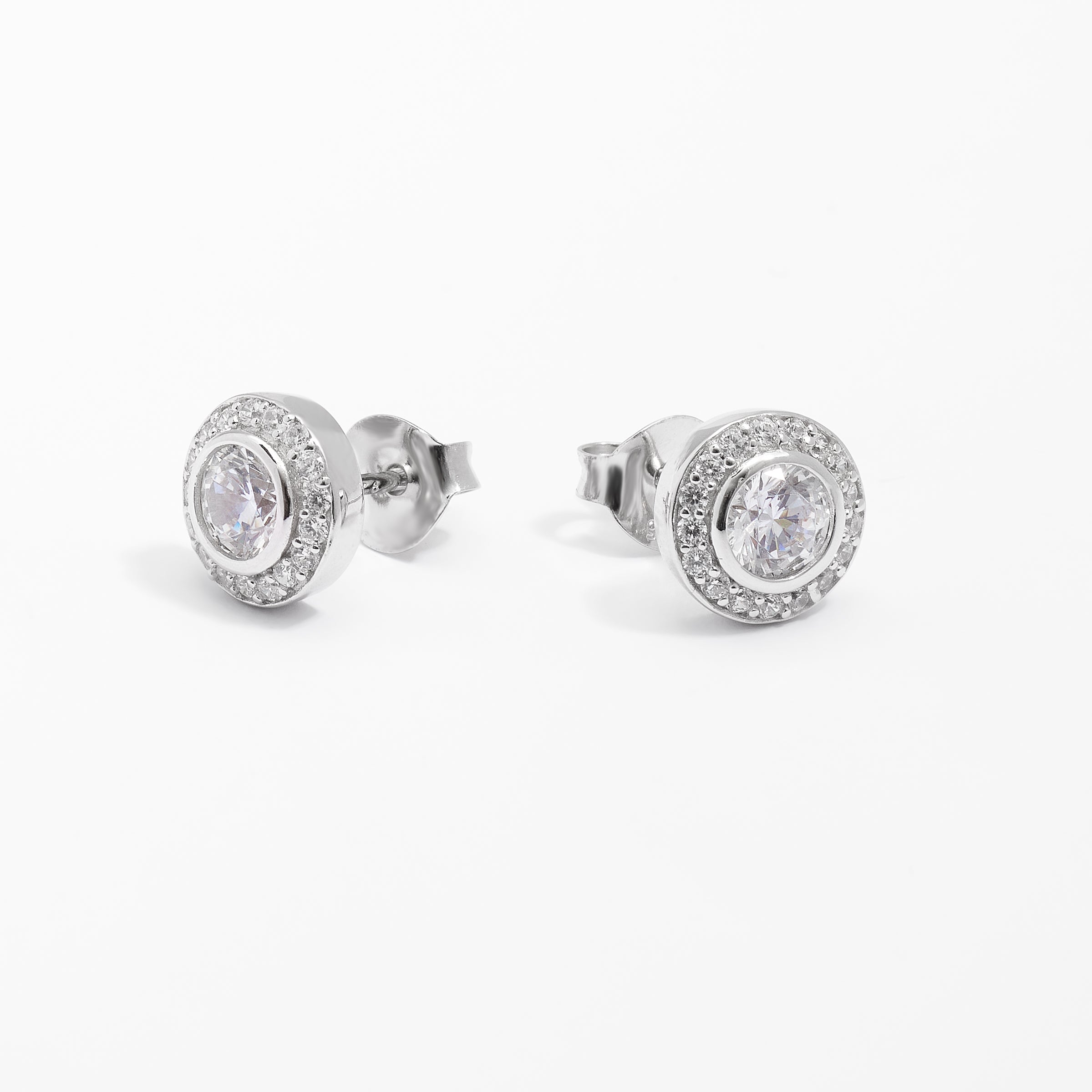 Sterling Silver Bezel Zirconia And Halo Stud Earrings