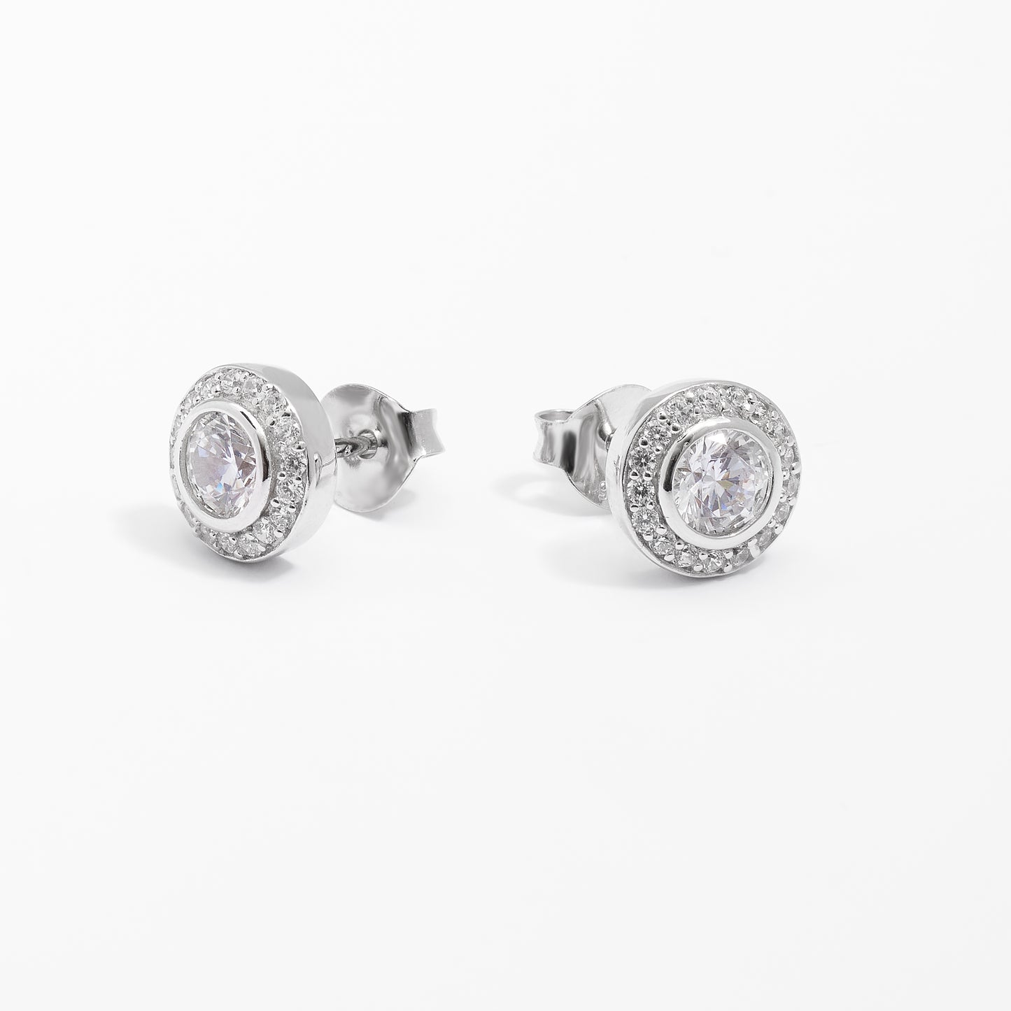 Sterling Silver Bezel Zirconia And Halo Stud Earrings