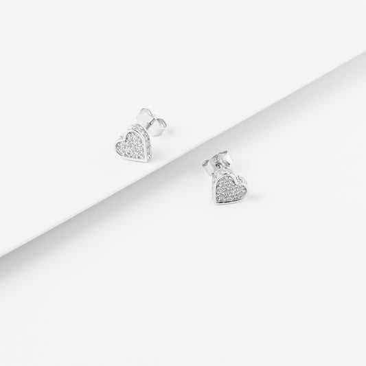 Sterling Silver Zirconia Pave Heart Stud Earrings