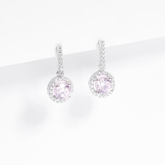 Sterling Silver Pink Zirconia Halo Drop Stud Earrings