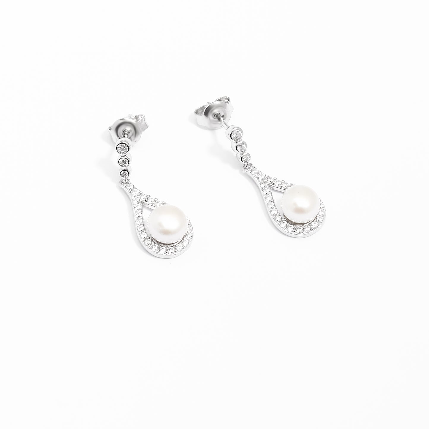 Sterling Silver Pearl Zirconia Teardrop Stud Earrings