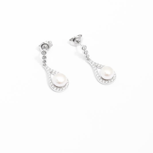 Sterling Silver Pearl Zirconia Teardrop Stud Earrings