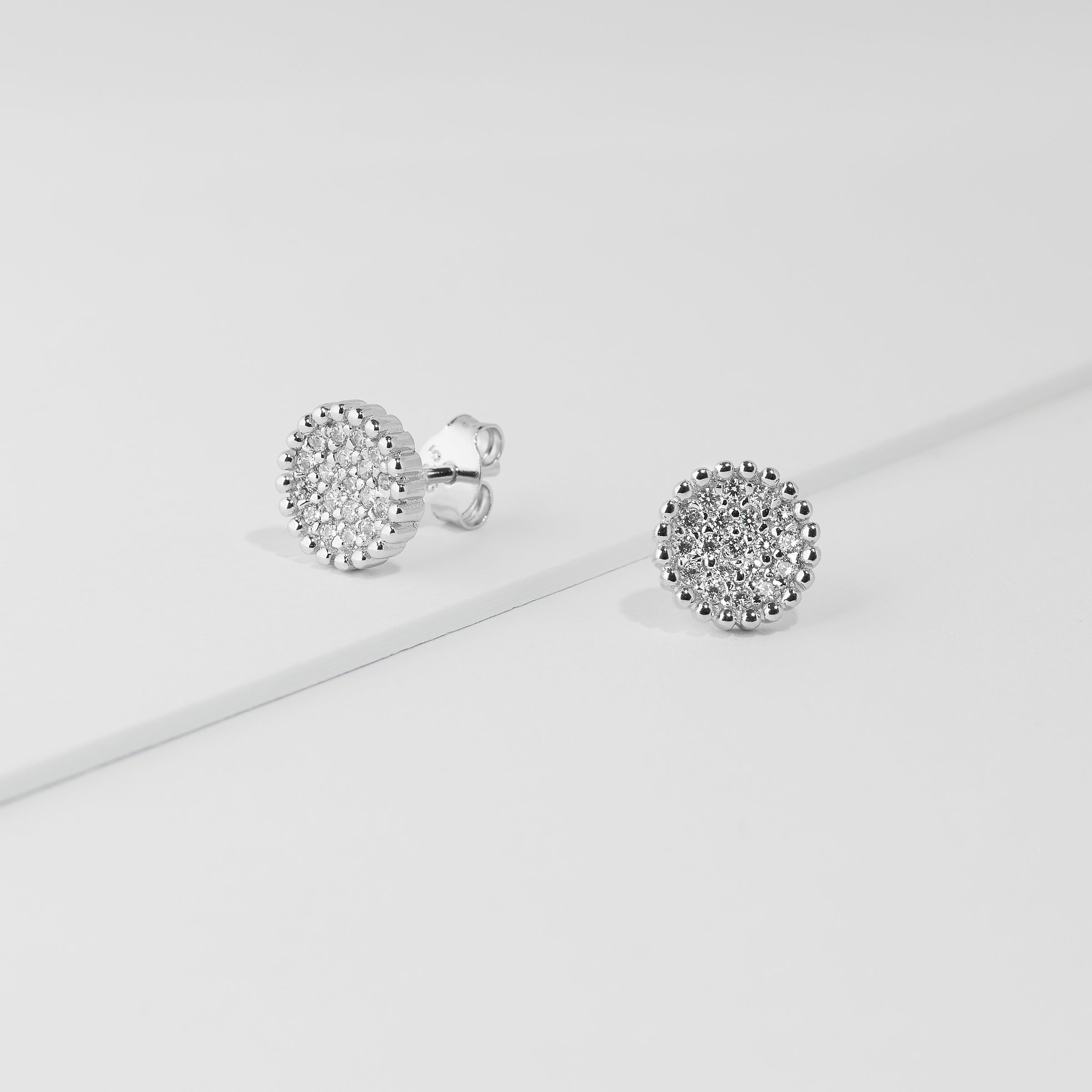 Sterling Silver Zirconia Pave Crown Set Stud Earrings 8.7mm