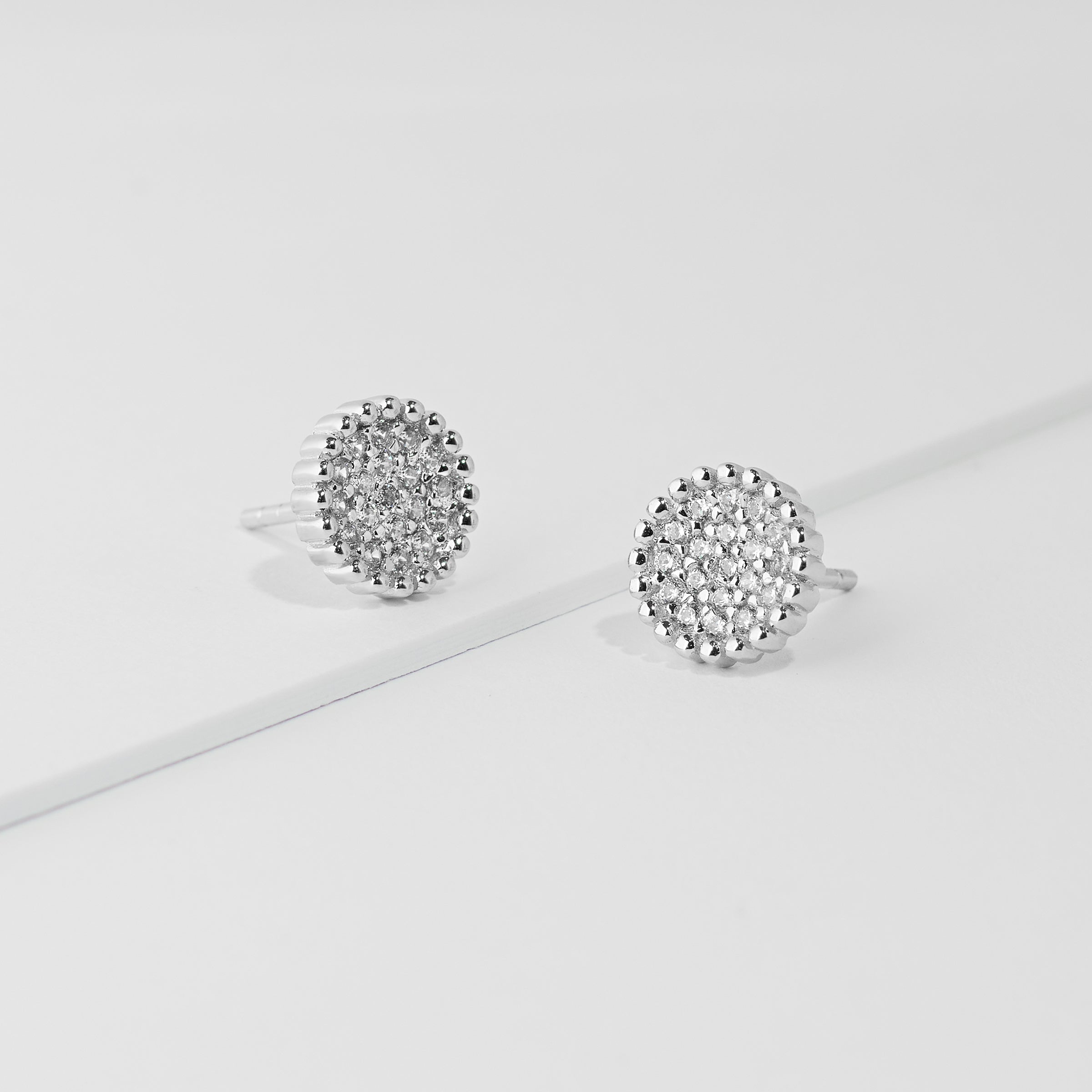 Sterling Silver Zirconia Pave Crown Set Stud Earrings 8.7mm