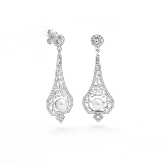 Sterling Silver Pearl And Zirconia Filigree Drop Stud Earrings