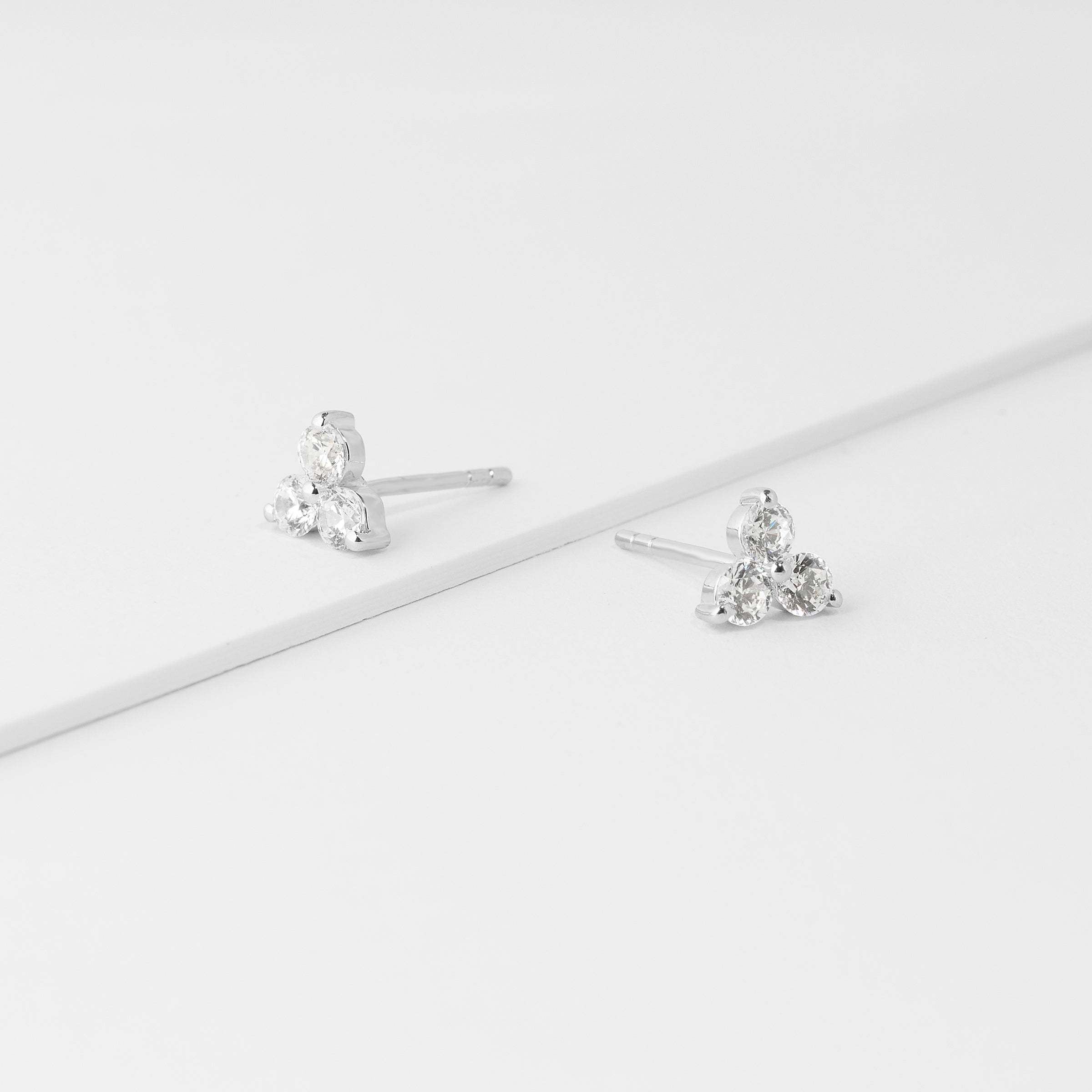 Sterling Silver Round Brilliant Zirconia 3 Point Claw Set Cluster Stud Earrings