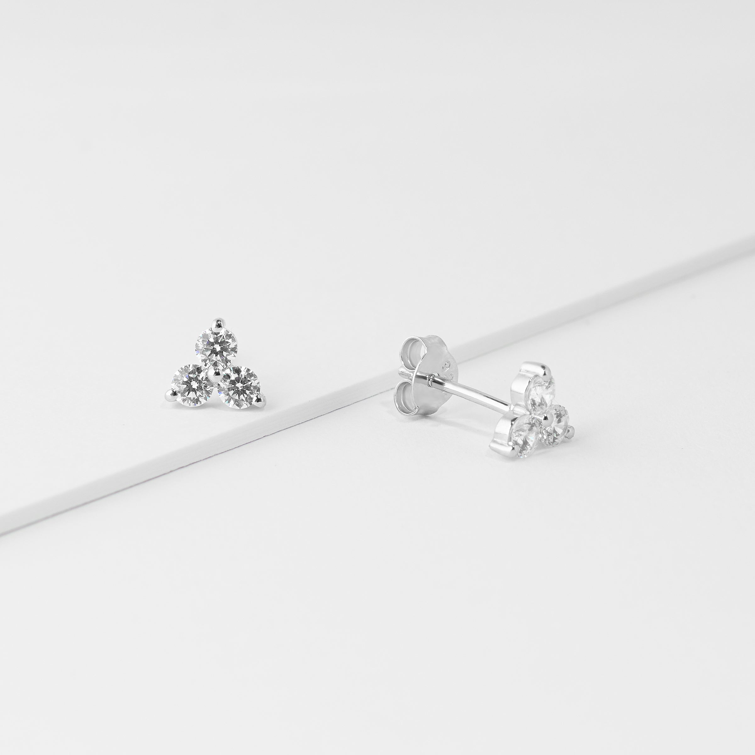 Sterling Silver Round Brilliant Zirconia 3 Point Claw Set Cluster Stud Earrings