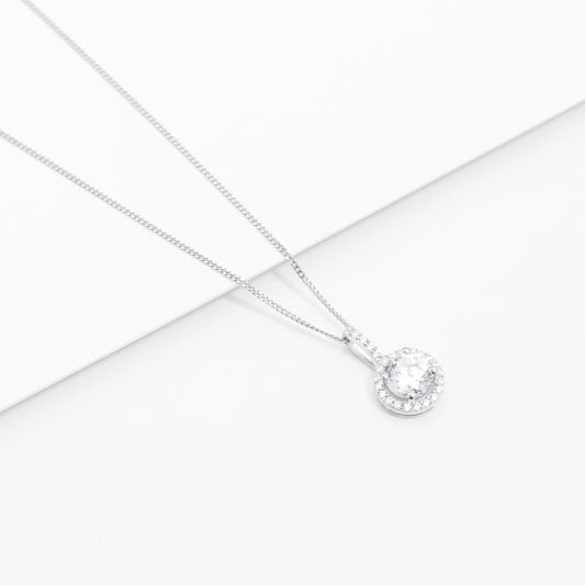 Sterling Silver Zirconia Round Brilliant Solitaire With Halo Pendant