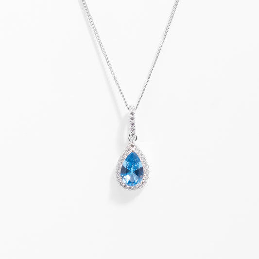 Sterling Silver Pale Blue Pear Zirconia Halo Pendant