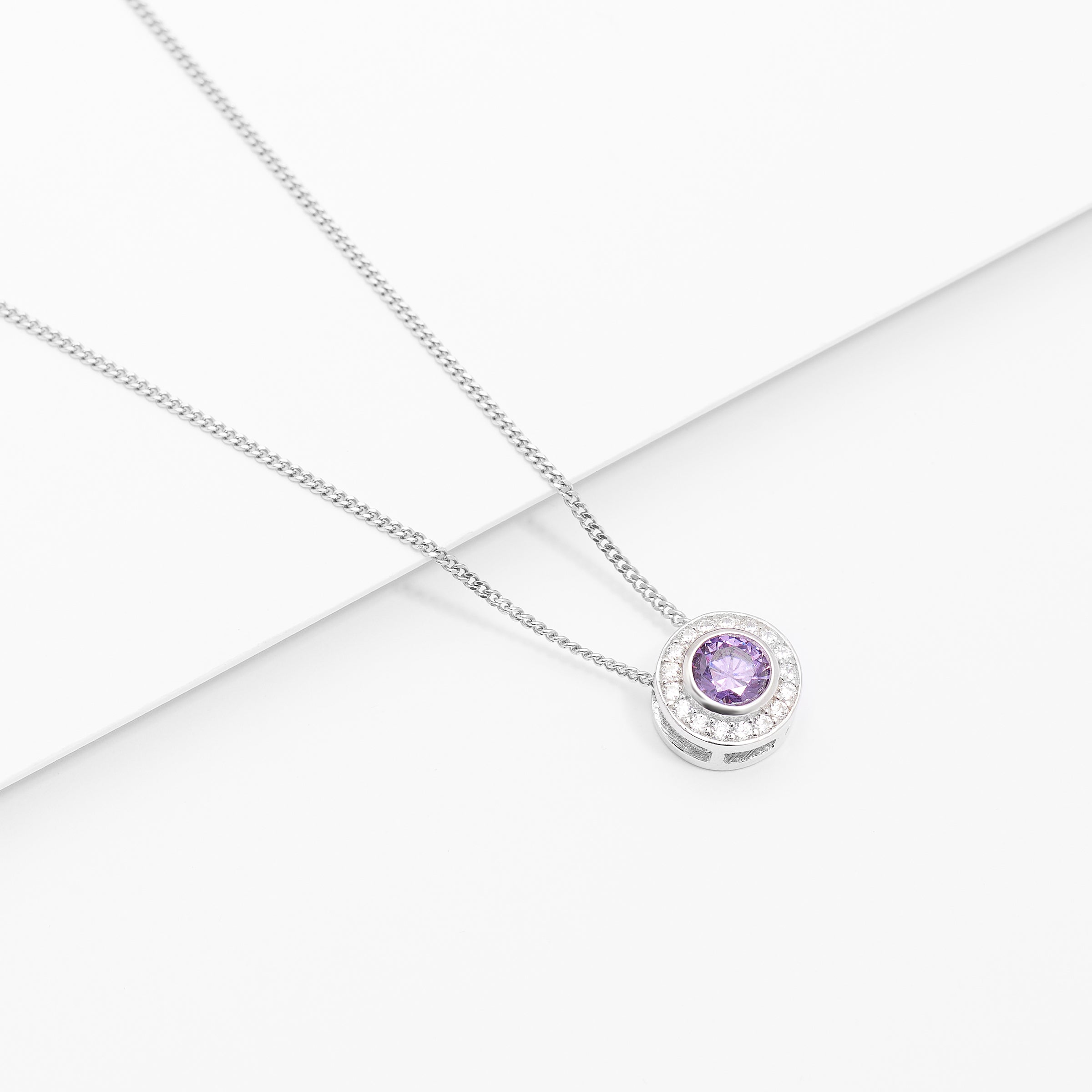 Sterling Silver Bezel Purple Zirconia Halo Slider Pendant
