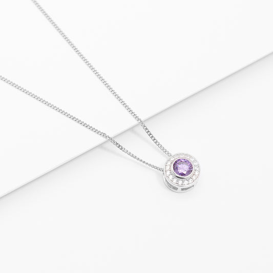 Sterling Silver Bezel Purple Zirconia Halo Slider Pendant